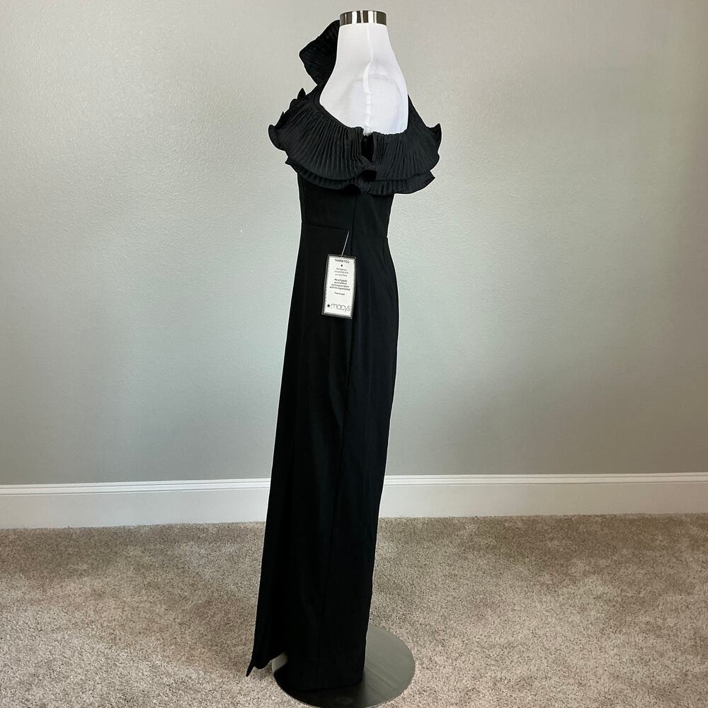 XSCAPE Black Evening Gown Pleated Ruffle One Shoulder Formal Column Dress Size 6 - Picture 6 of 12